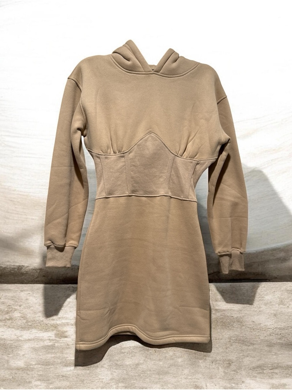 Hooded Long-Sleeve Dress in Tan